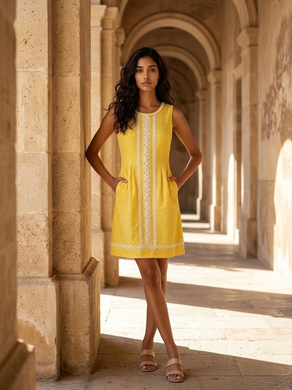 Banana Republic Yellow Sleeveless Dress with White Lace Trim - Picture 1 of 10